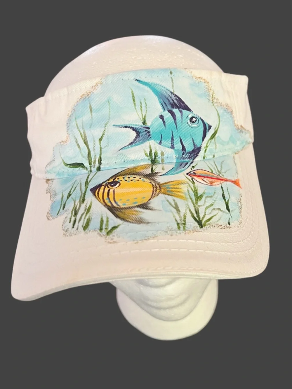 Hand Painted One of a Kind Fish Motif Cotton Visor